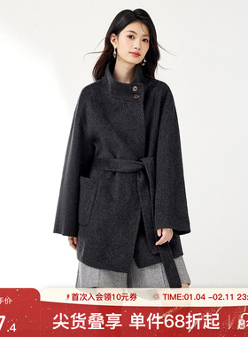 SeRina Blue2025秋季新韩系立领气质中长款含绵羊毛女士毛呢外套