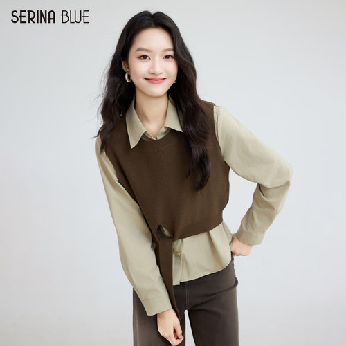 SeRinaBlue女士系带马甲衬衫套装
