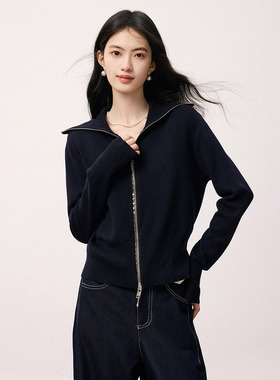 SeRina Blue2025秋季新款大翻领黑色长袖针织衫开衫女士上衣外套