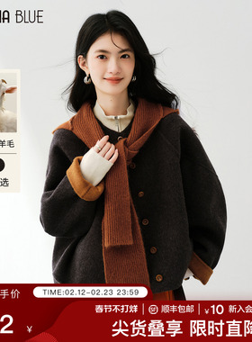 SeRinaBlue2026年春季新款圆领气质100%绵羊毛毛呢外套女短款大衣