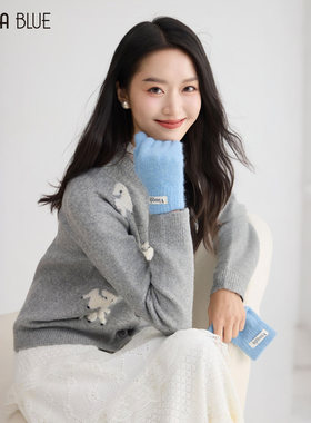 SeRina Blue商场同款冬季2025卡通小狗针织开衫女士圆领毛衫上衣