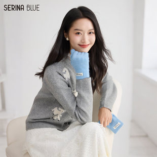 女士圆领毛衫 SeRina 2025卡通小狗针织开衫 冬季 上衣 Blue商场同款