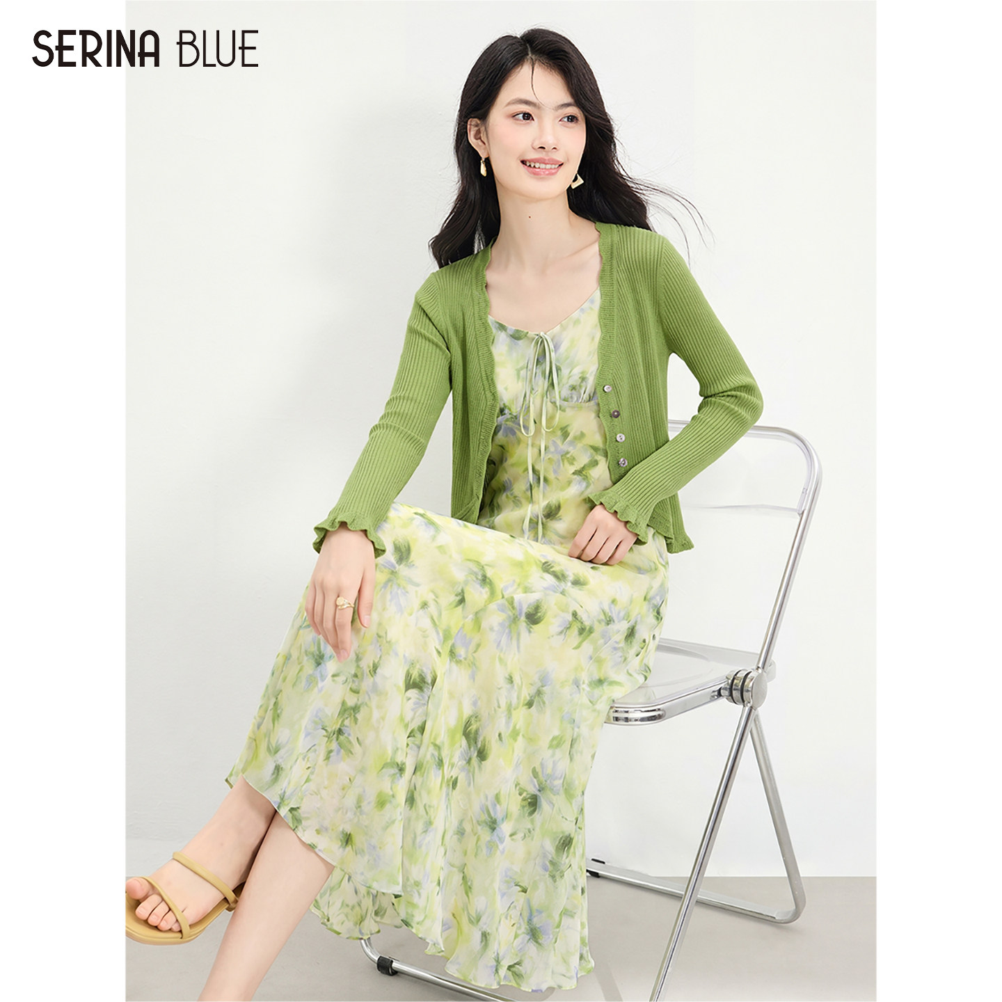 SeRinaBlue2026夏季新款针织开衫碎花吊带连衣裙女两件套温柔套装