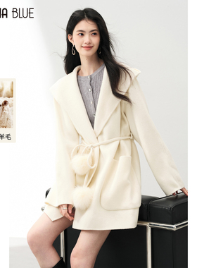 SeRina Blue2025冬季新款100纯羊毛双面呢大衣女中长款小个子外套