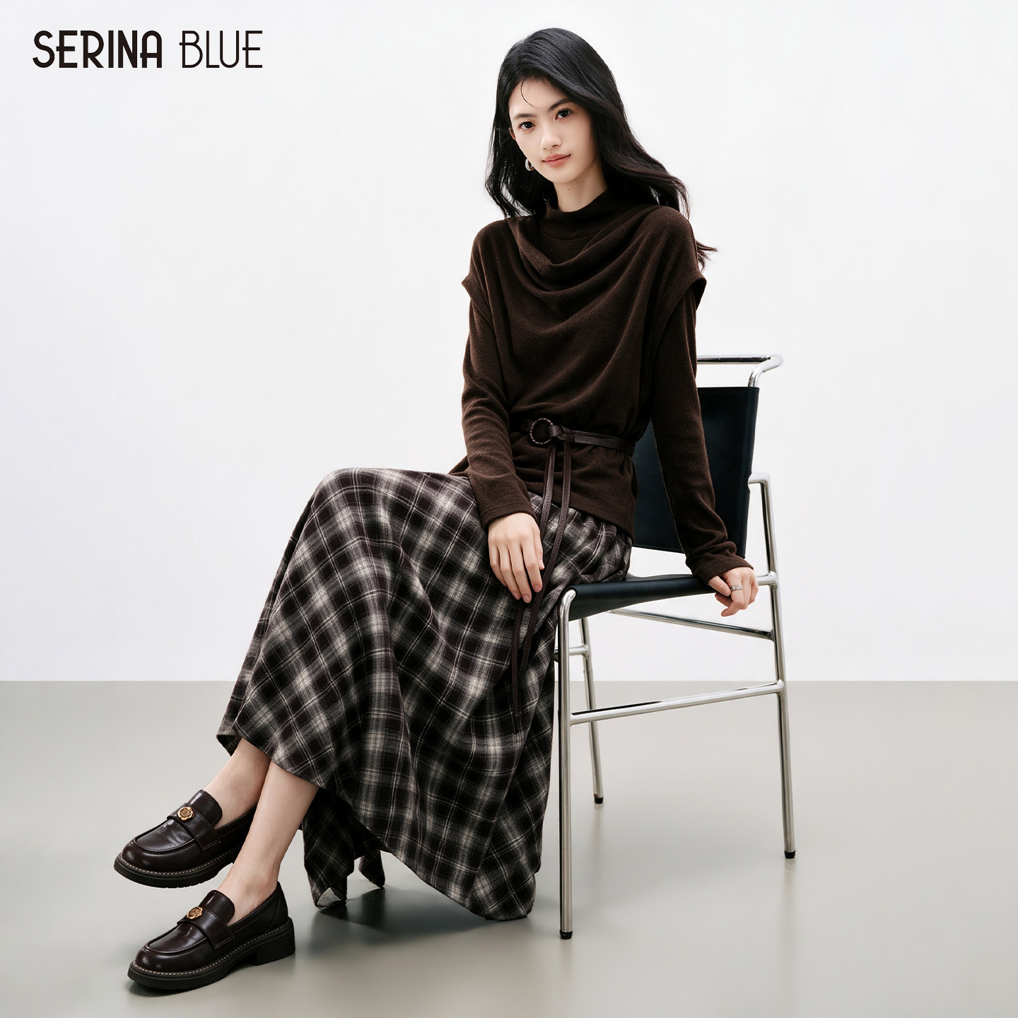 SeRinaBlue2026秋季新款荡领针织上衣格纹半身裙两件套休闲套装女