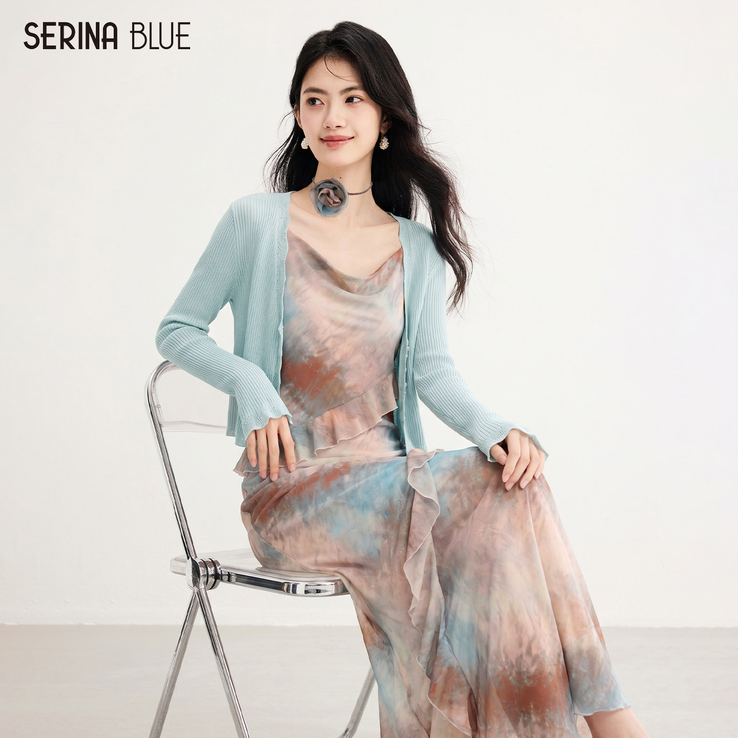 SeRinaBlue2026夏季新款长袖晕染吊带连衣裙套装女针织开衫两件套