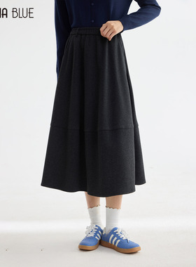 SeRina Blue商场同款2025冬季高腰显瘦黑色花苞半身裙女a字长裙子