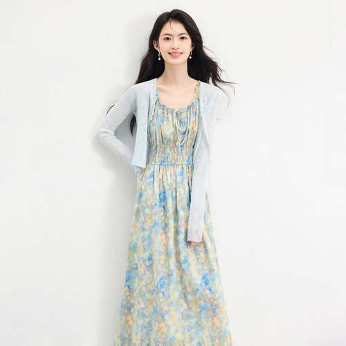 SeRinaBlue法式碎花吊带裙套装
