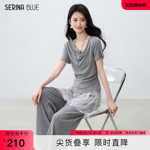 SeRinaBlue荡领t恤蕾丝女裤套装