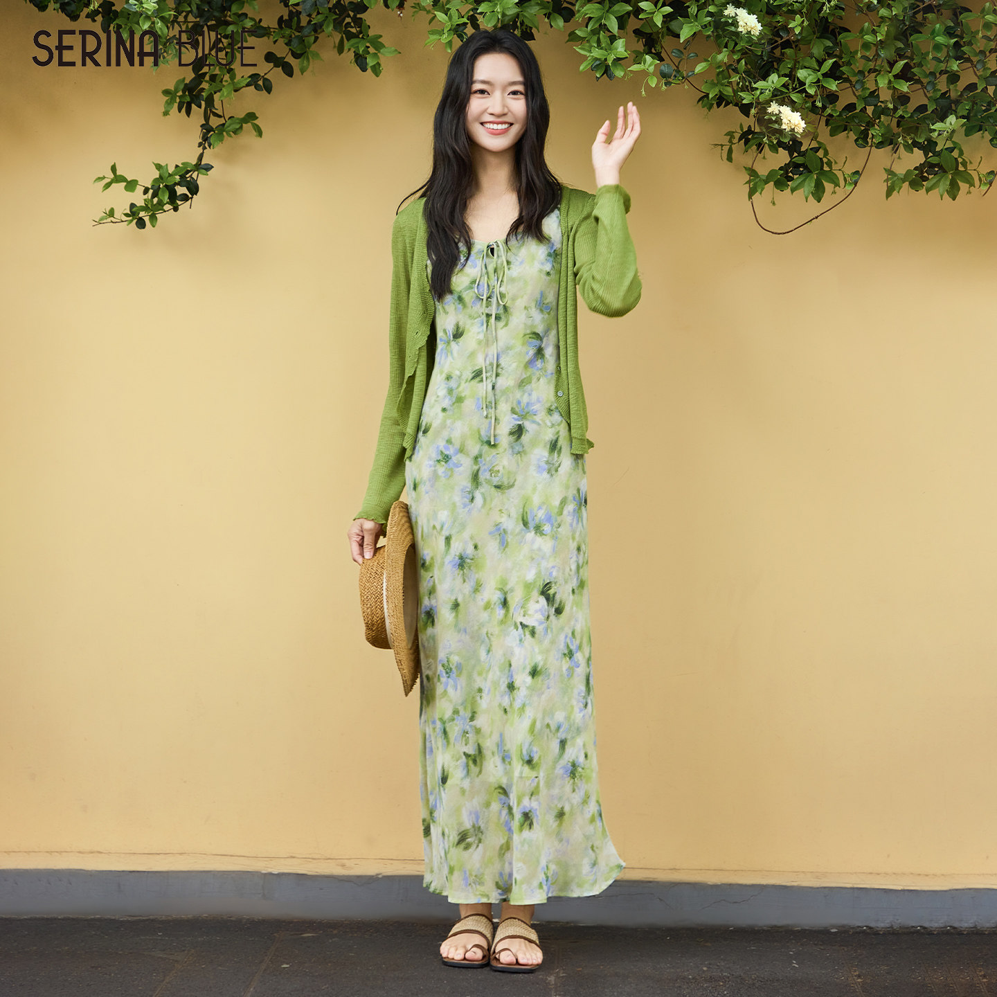 SeRinaBlue商场同款2026新款法式碎花吊带连衣裙开衫套装女两件套