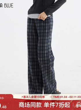 SeRina Blue商场同款2025冬季复古高腰格子休闲裤女加绒直筒裤子