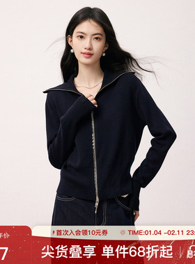 SeRina Blue2025秋季新款大翻领黑色长袖针织衫开衫女士上衣外套