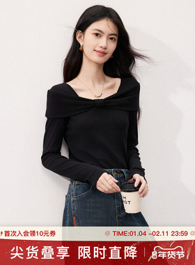 SeRina Blue2025新款法式针织蝴蝶扭结黑色修身长袖女打底衫秋t恤