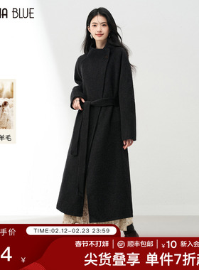 SeRinaBlue2026秋季新款系带收腰立领女士长款羊毛双面呢气质大衣