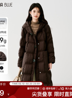 SeRinaBlue2025冬季新款连帽面包格长款羽绒服女小个子白鸭绒外套