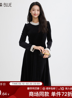 SeRinaBlue商场同款2026春季赫本风黑色长袖连衣裙女高级感长裙子