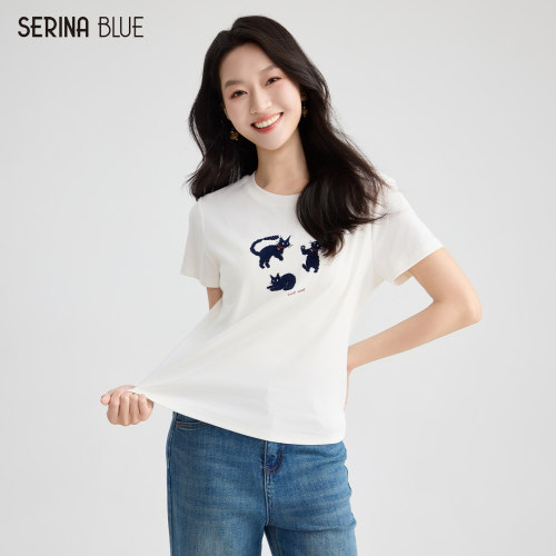 SeRinaBlue猫腻图案女士t恤