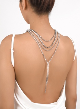 夸张小众时尚水钻颈链 多层轻奢流苏项链晚宴舞会背部饰品