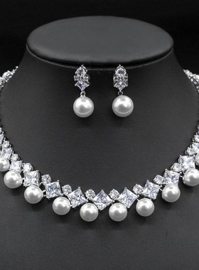 项链耳环珍珠套装新娘礼服首饰婚纱饰品欧美锆石晚宴女时尚锁骨链