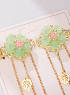 Vintage Green Flower Gold Leaves Tassel Pendant Hair Clips H