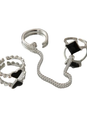 Black square diamond ring 冷淡风链条黑色方钻戒指套装组合女