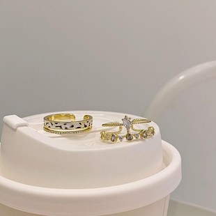 东大门少感精致甜美双层v叠戴水滴戒指简约双层豹纹锆石指环