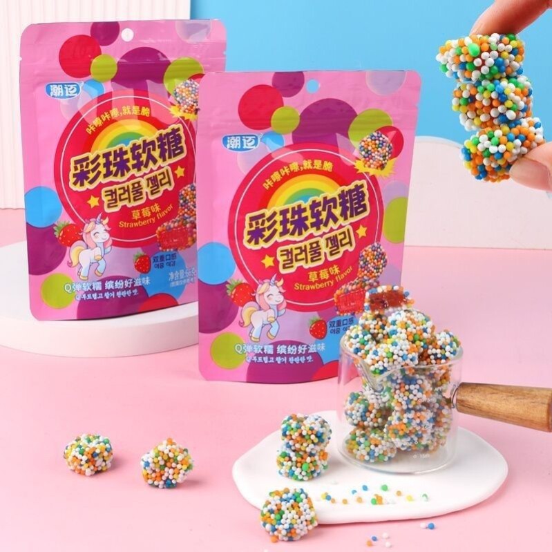 彩珠琥珀糖果糖水彩虹软糖抖音混合水果糖宝石果味咀嚼零食声控