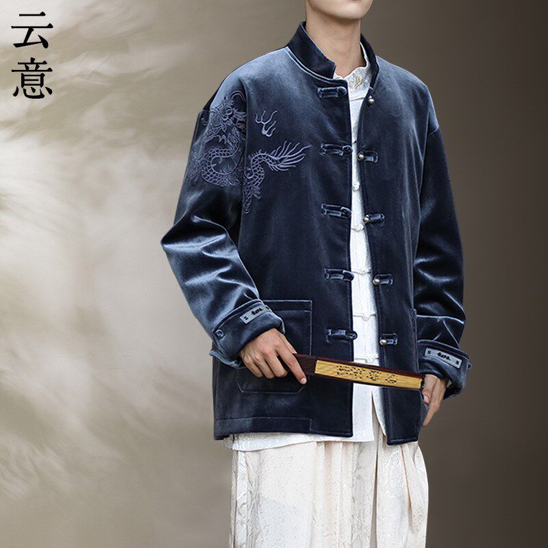 速发秋冬复新中式休闲唐中男装国风龙刺绣夹克季古风盘扣汉服外套