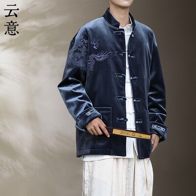 速发秋冬复新中式休闲唐中男装国风龙刺绣夹克季古风盘扣汉服外套
