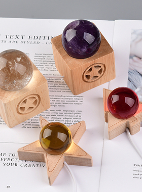 速发木实发光水晶球木质底座圆形小头灯座暖光白光插电床夜台灯