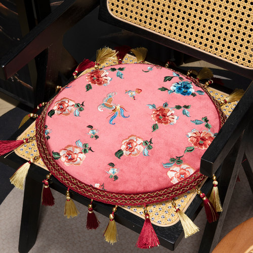 速发圆形级垫新中式绒布藤椅防滑红木凳子垫高椅感茶桌椅椅子刺绣