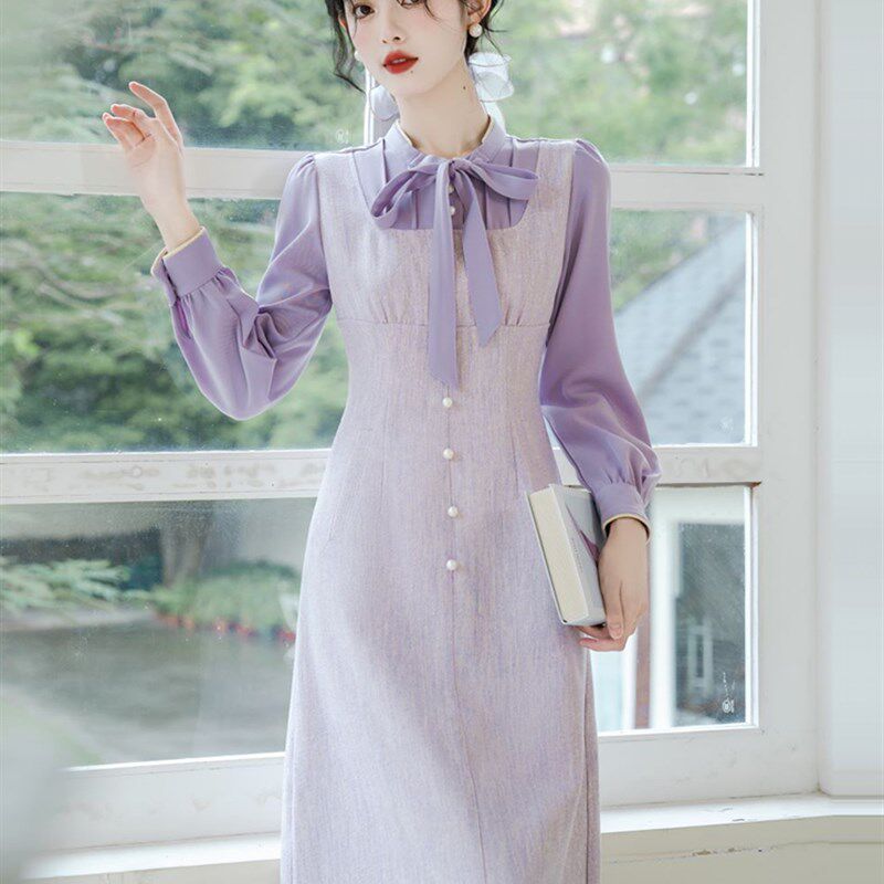 速发妹妹姐姐参加弟弟哥哥的婚礼衣服订婚礼服民国风紫色连衣裙