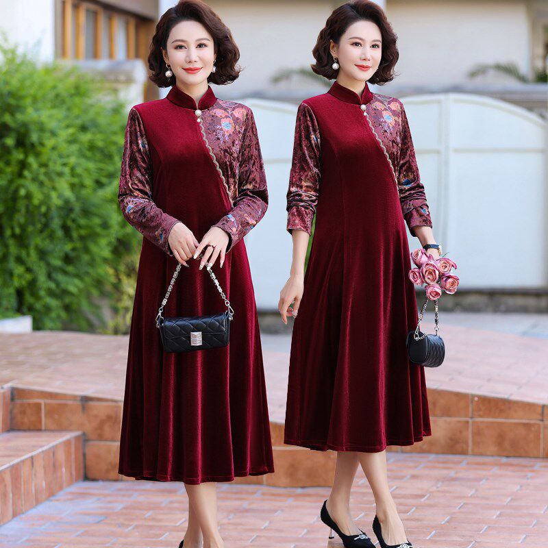 速发高端喜婆婆婚宴装旗袍金丝绒礼服大码春结婚晚宴妈妈连衣裙