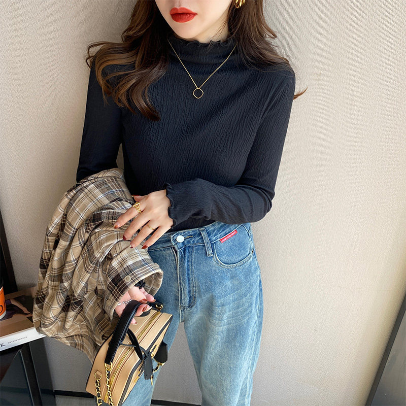 现货加绒蕾丝衫女内搭2022新款E半高领木耳边小衫秋冬白色长袖