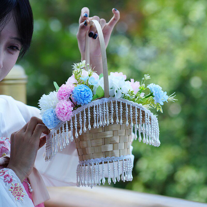 速发汉服摄影道具花篮古风舞蹈拍摄花篮魏晋风田园珍珠流苏小花篮