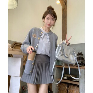 速发大码装早秋穿搭套装2院24学0风针百开衫外套高腰织褶短裙两件