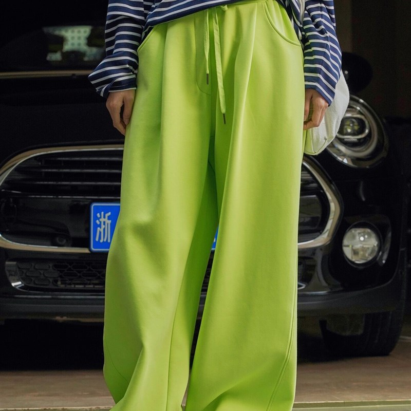 速发绿色春闲空休层卫裤气季新韩版宽松廓形阔腿运动裤