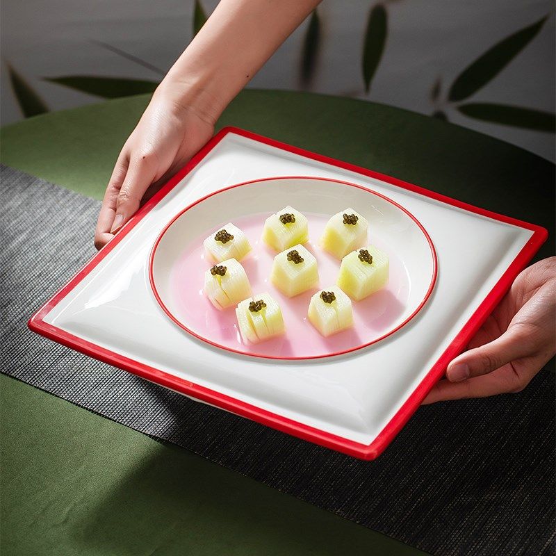 快速发货a高级感红边正方点心盘子创意西餐意面盘餐具凉菜平盘酒,餐饮具,盘,淘宝优惠券,粉丝福利购,淘宝优惠卷