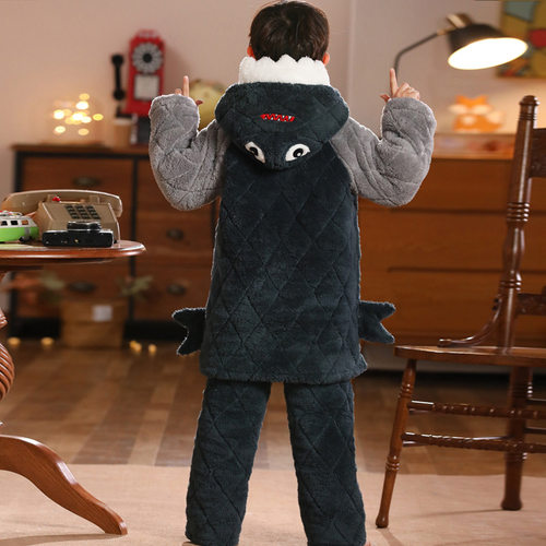 冬季儿童中长版男孩三层夹棉加厚款睡衣大童小童法兰绒男童家居服