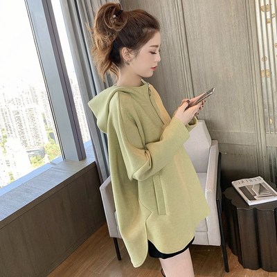 中长款女卫衣遮屁股春秋半拉链连帽宽松大版新款搭配鲨鱼裤的上衣
