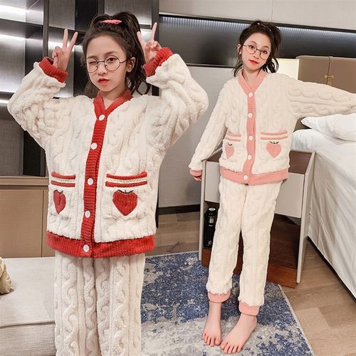 女童秋冬款软糯睡衣裤套组2023中大童韩版法兰绒毛衣长裤双面绒两