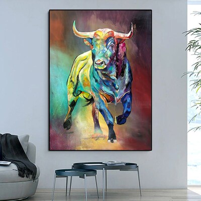 极速Canvas Paintings Abstract Colorful Bull Animals Wall Art