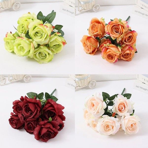 Vintage 7 Heads Artificial Flowers Silks Peony Green Rose