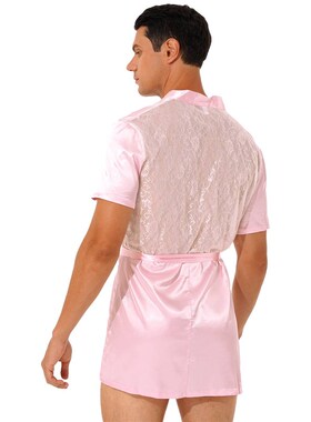 极速Men Sissy Satin Lace Kimono NightRobe Nightwear SeeThrou