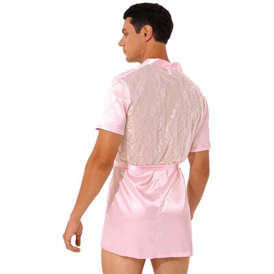 极速Men Sissy Satin Lace Kimono NightRobe Nightwear SeeThrou