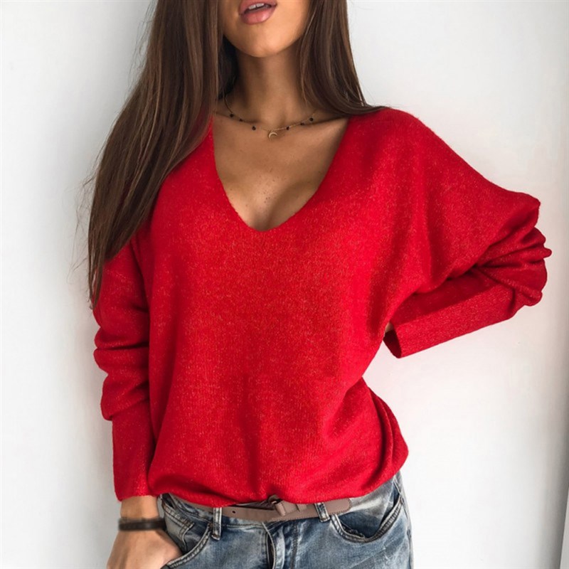 Autumn Winter Women Sexy Loose Solid Color V Neck Long Sleev