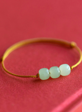 手工手绳天然和田玉老型珠手串女单圈手链可调节转运珠红绳复古风