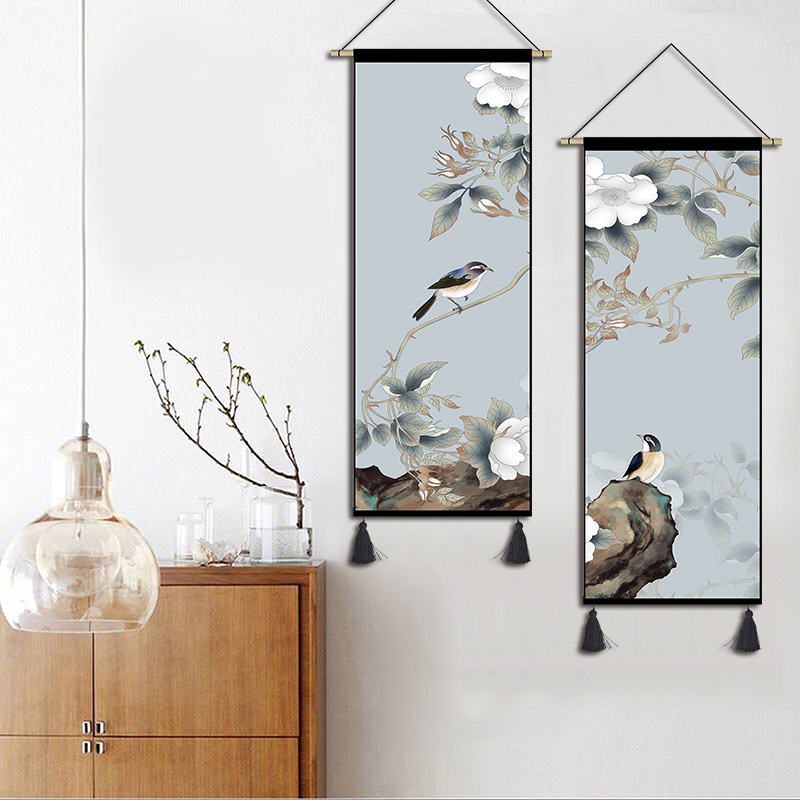 现代中式花鸟布艺挂画卧室书房装饰画背景墙挂布餐厅玄关挂毯壁毯图片