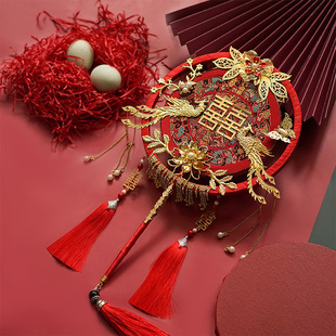 秀禾喜婚扇子金色团扇中式手工结婚红色成品diy新娘蒲扇明制婚礼