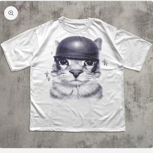 WITH HELMET MEME Y2K SHIRT猫趣味休闲短袖 CAT T恤男 GRAPHIC